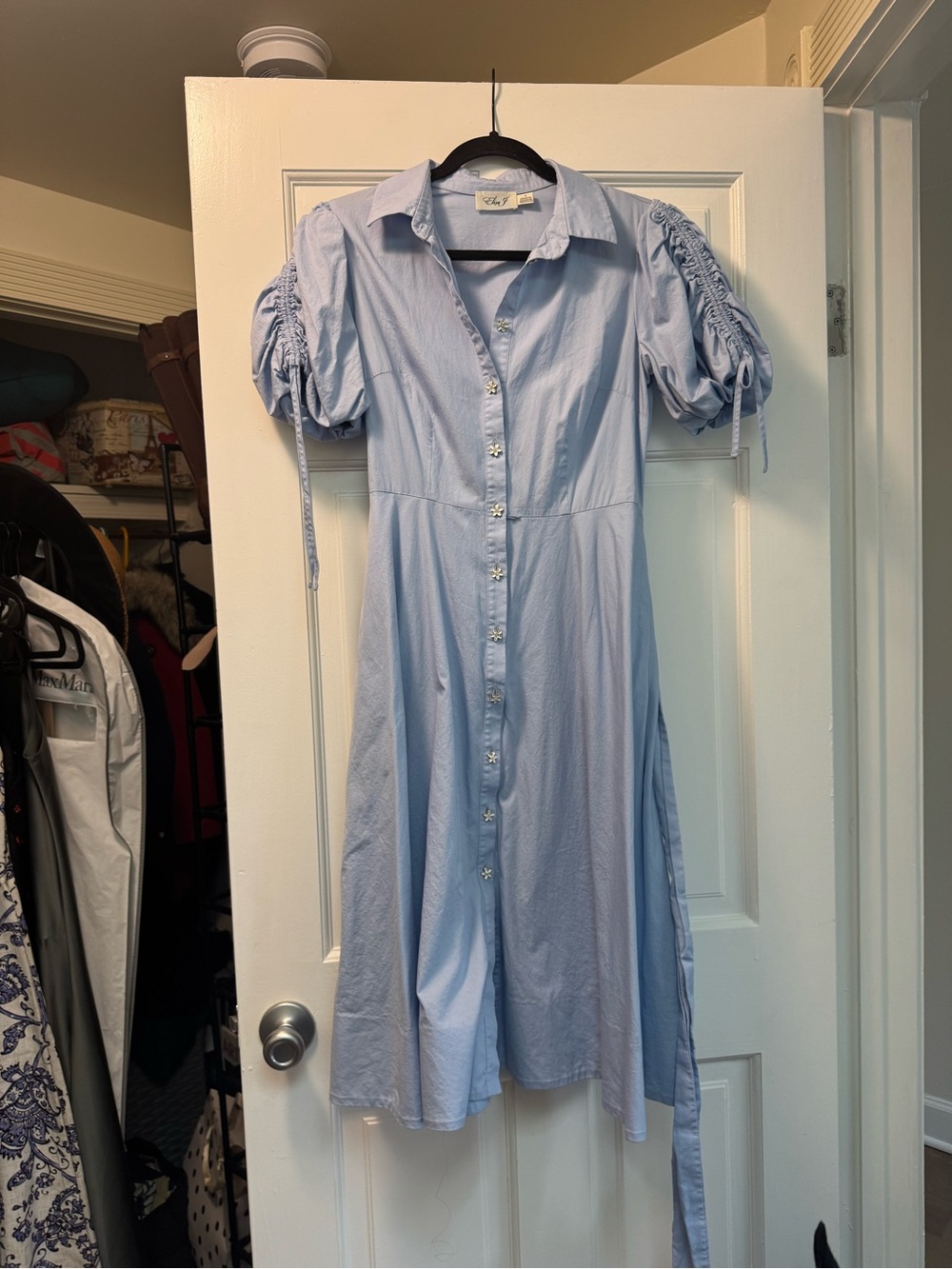 Eliza J Light Blue Button-Front Midi Dress with Ruched Puff Sleeves